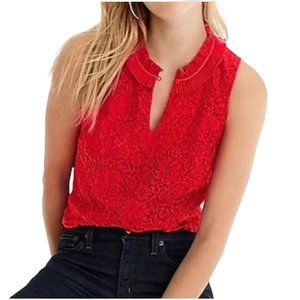 J. Crew Women Front Lace Blouse Top Sleeveless Ruffle Keyhole Neck Red Size XXS